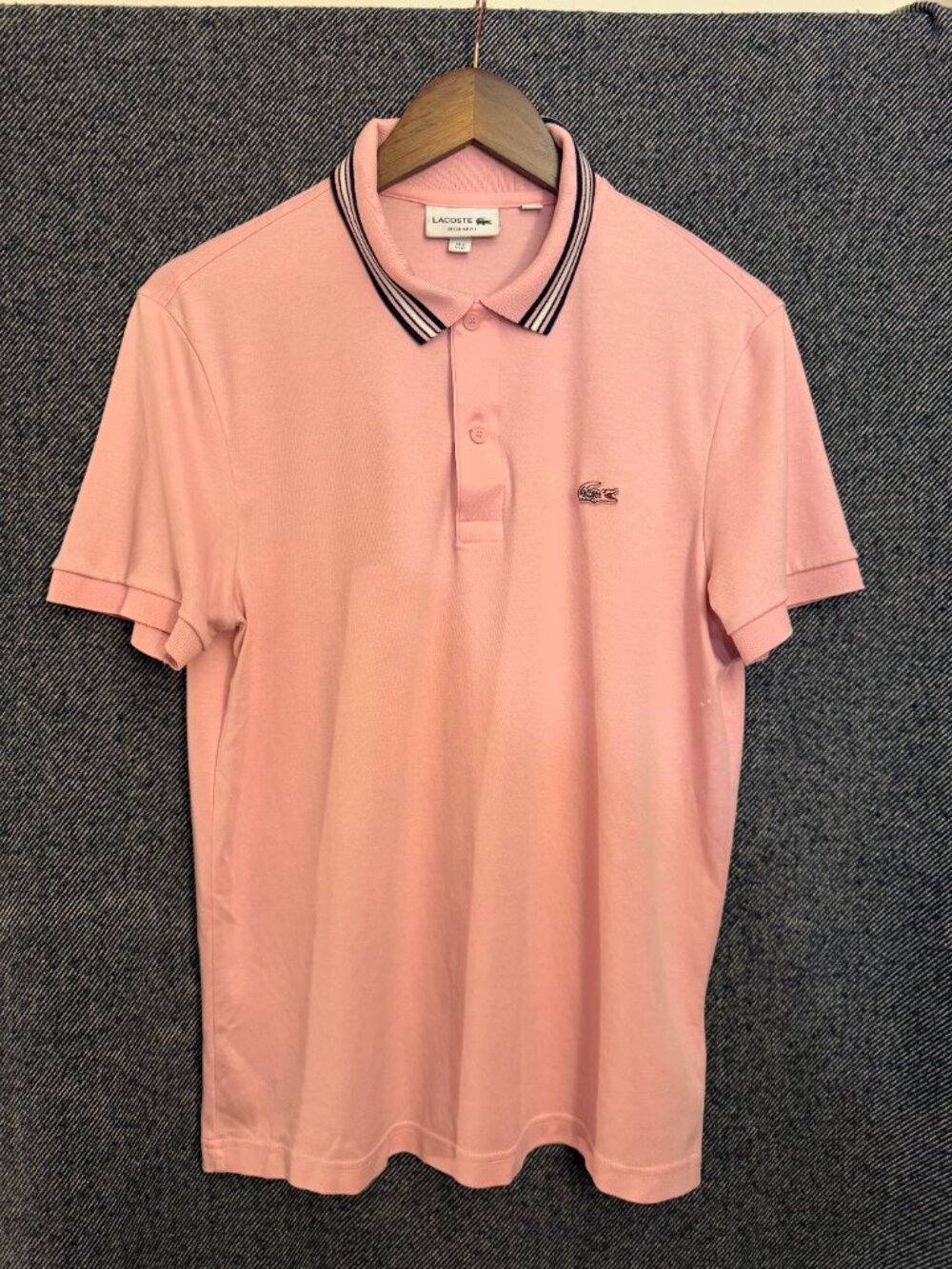 Lacoste Men’s Pink Regular Fit Polo Shirt Medium Striped Collar Preppy - Picture 2 of 7